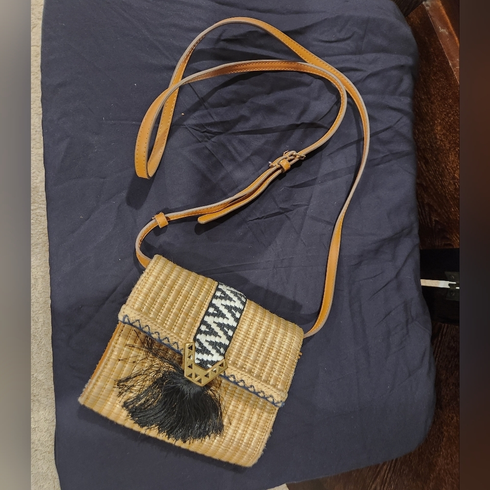 Chic Tan and Black Crossbody Bag with Tassel Accent